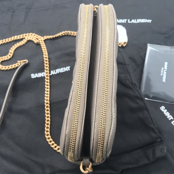 YSL Becky Double Zip Leather Pouch in Warm Taupe - Picture 12 of 17